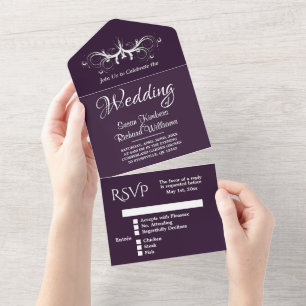 Eggplant and White Tri Fold w Rsvp Wedding All In One Invitation