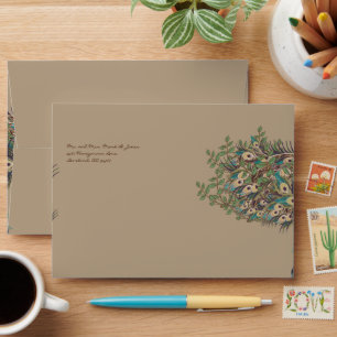 Eggplant Aqua and Gold Peacock Vintage 3 Feathers Envelopes