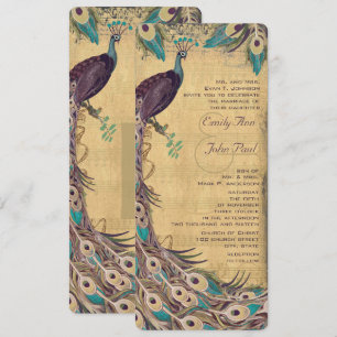 Eggplant Aqua and Gold Peacock Vintage 3 Feathers Invitation