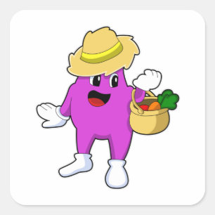 Eggplant as Farmer with Carrot Square Sticker