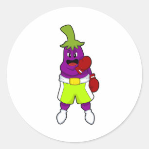 Eggplant at Boxing with Boxing gloves Classic Round Sticker