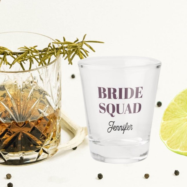 Eggplant Bride Squad Bachelorette Party Shot Glass (In Situ)