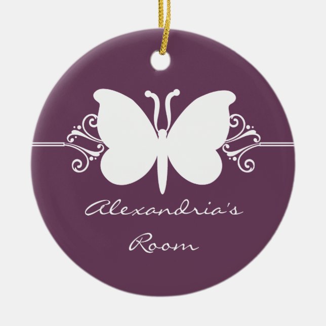Eggplant Butterfly Swirls Door Hanger Ornament (Front)