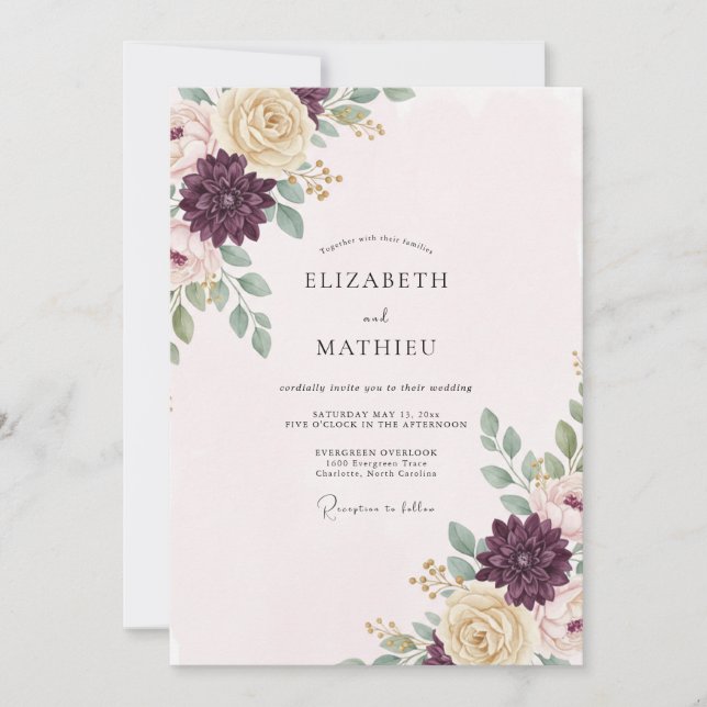 Eggplant Champagne Peony Wedding Invitation (Front)