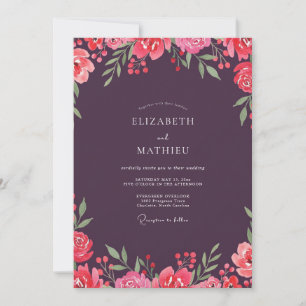 Eggplant Coral Ranunculus Eucalyptus Wedding Invitation