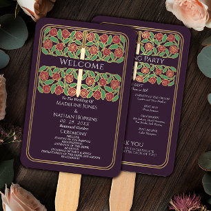 Eggplant Gold Floral Sword Royal Wedding Program Hand Fan