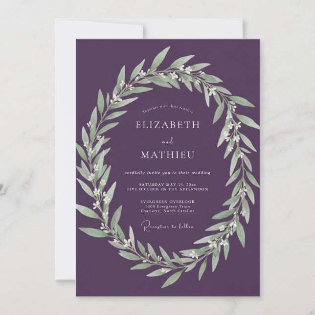 Eggplant Greenery Wedding Invitation (Front)