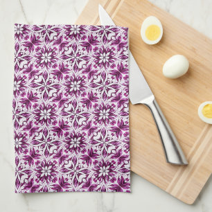 Eggplant, Magenta & White Damask Floral Pattern Kitchen Towel
