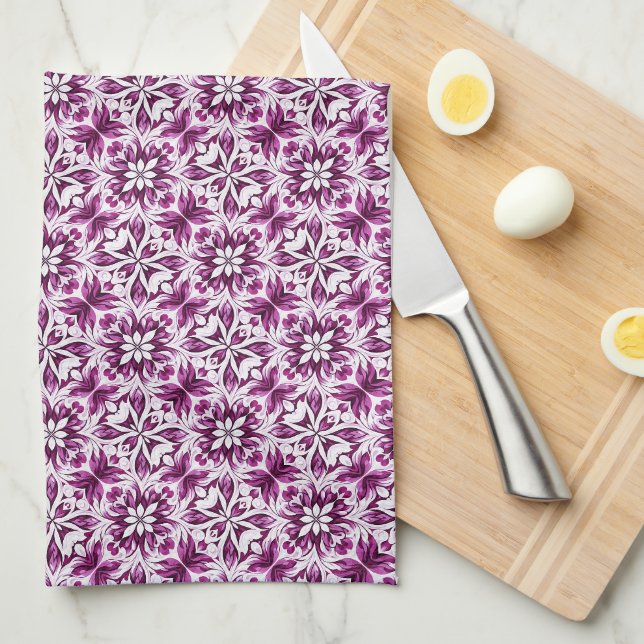 Eggplant, Magenta & White Damask Floral Pattern Kitchen Towel (Quarter Fold)