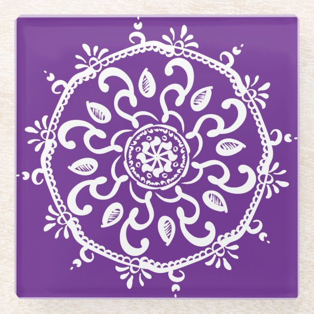 Eggplant Mandala Glass Coaster (Front)