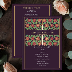 Eggplant Medieval Gold Floral Sword Royal Wedding Program