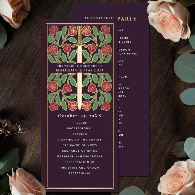 Eggplant Medieval Gold Floral Sword Royal Wedding Program (Creator Uploaded)