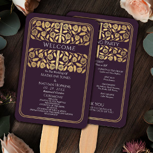 Eggplant Medieval Gold Sword Royal Wedding Program Hand Fan