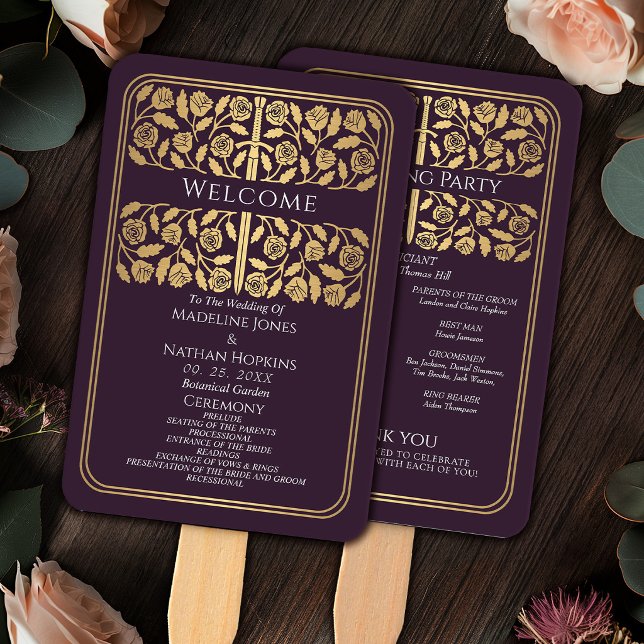 Eggplant Medieval Gold Sword Royal Wedding Program Hand Fan (Creator Uploaded)