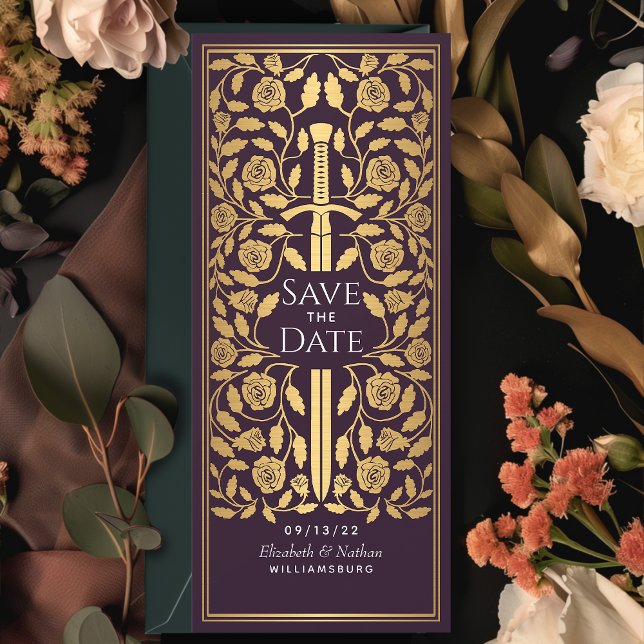 Eggplant Medieval Sword Save the Date Invitation (Creator Uploaded)