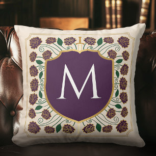 Eggplant Medieval Sword Shield Monogram Throw Pillow