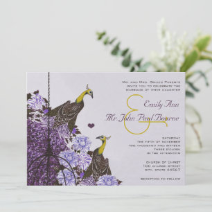 Eggplant Mustard Yellow Vintage Peacock Bird Cage Invitation
