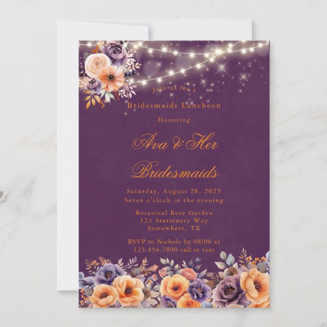 Eggplant Orange Floral Elegant Bridesmaid Luncheon Invitation (Front)