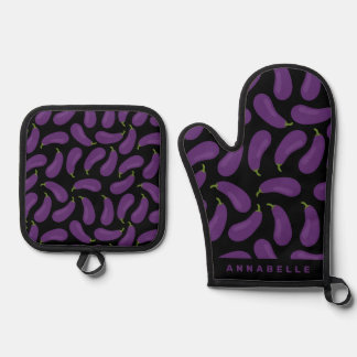 Eggplant Pattern Personalize Oven Mitt & Pot Holder Set