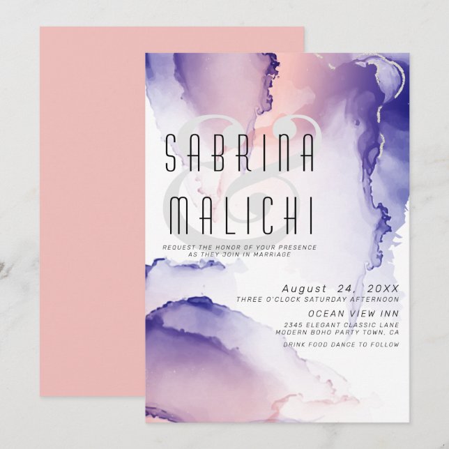 Eggplant Purple and Coral Rose Chic Alcohol Ink Invitation (Front/Back)