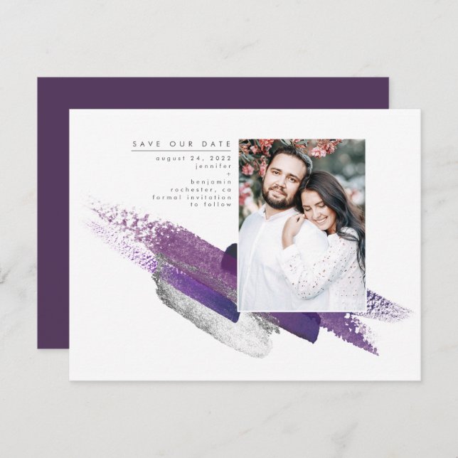 Eggplant Purple and Silver Save the Date Photo (Front/Back)