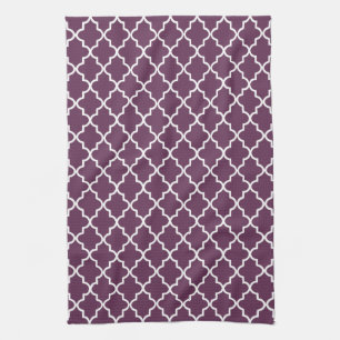 Eggplant Purple and White Moroccan Quatrefoil Kitchen Towel
