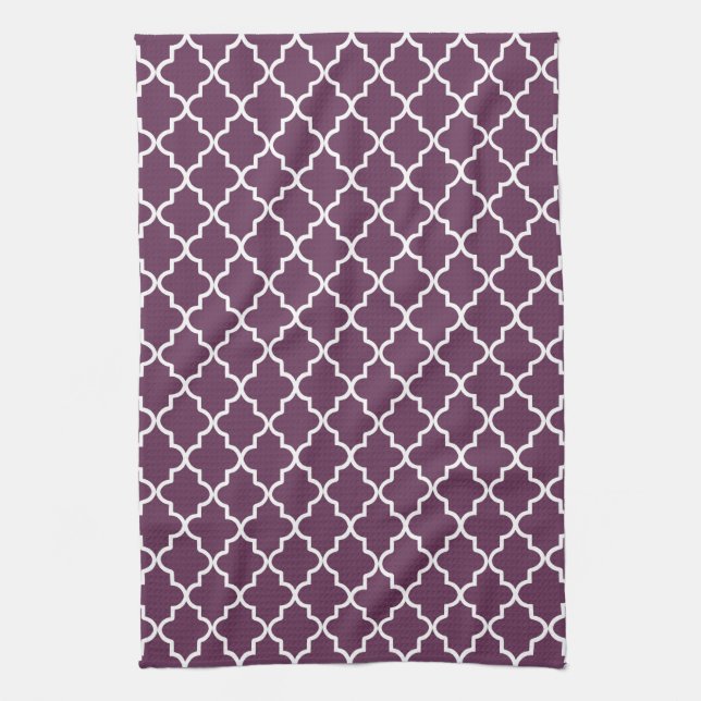 Eggplant Purple and White Moroccan Quatrefoil Kitchen Towel (Vertical)