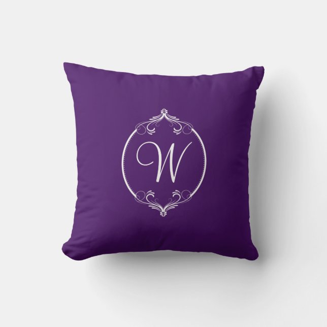 Eggplant Purple and White Ornate Monogram Throw Pillow (Front)