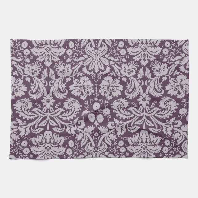 Eggplant Purple Damask Kitchen Towel (Horizontal)