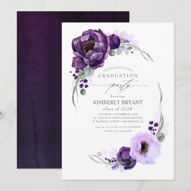 Eggplant Purple Elegant Floral Wreath Graduation Invitation (Front/Back)