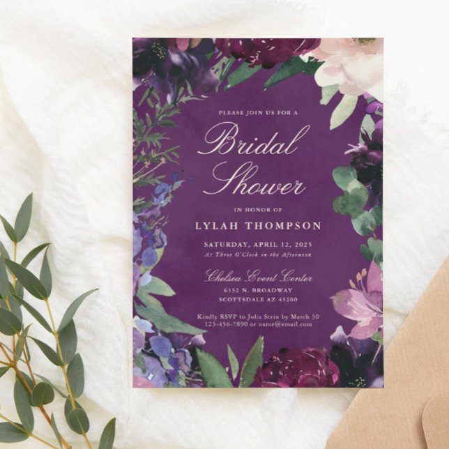 Eggplant Purple Floral Bridal Shower Invitation (Creator Uploaded)