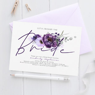 Eggplant Purple Floral Calligraphy Bridal Shower Invitation