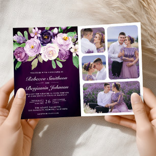 Eggplant Purple Floral QR Code Dark Moody Wedding Invitation
