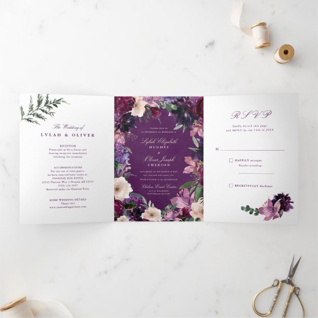 Eggplant Purple Floral Tri-Fold Wedding Invitation (Inside)