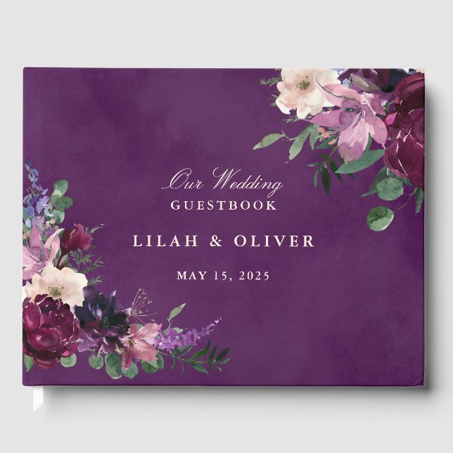 Eggplant Purple Floral Wedding Guest Book (Front)