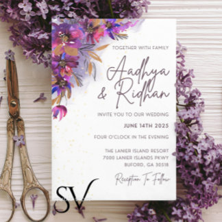 Eggplant Purple Floral Wedding Invitation