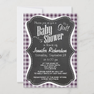 Eggplant Purple Gingham; Chalkboard look Invitation