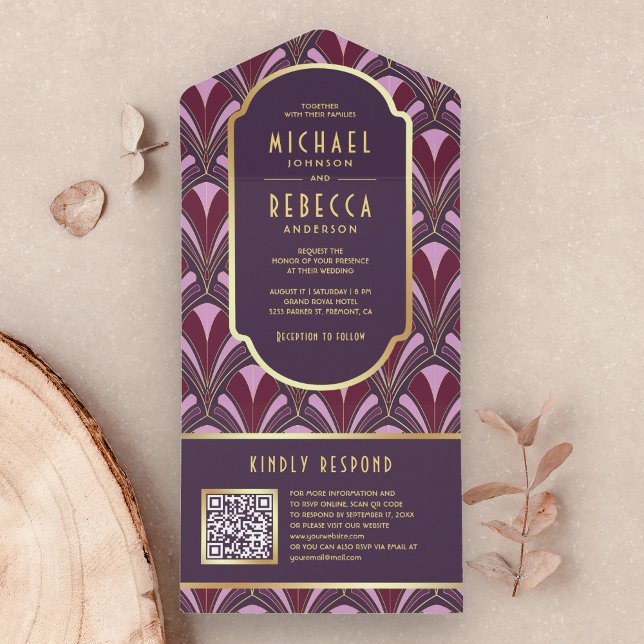 Eggplant Purple Gold Art Deco QR Code Wedding All In One Invitation (Creator Uploaded)