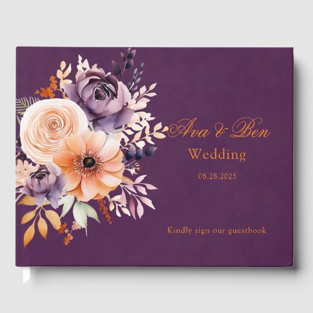 Eggplant Purple Orange Floral Wedding Guest Book (Front)