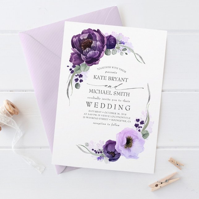 Eggplant Purple Peony and Greenery Silver Wedding Invitation (Plum Purple Floral Wedding Invitations)