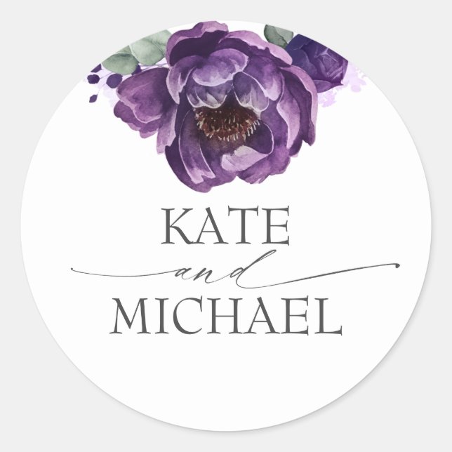 Eggplant Purple Peony Elegant Watercolor Classic Round Sticker (Front)