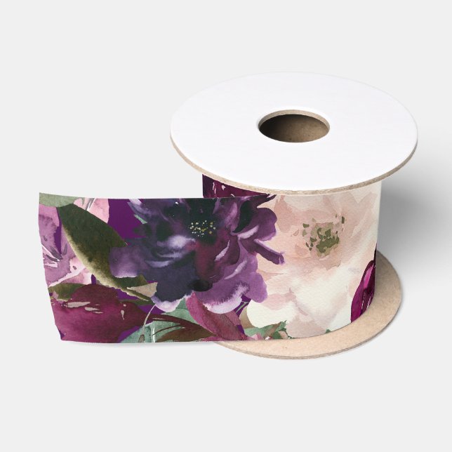 Eggplant Purple, Pink & Cream Floral Satin Ribbon (Spool)