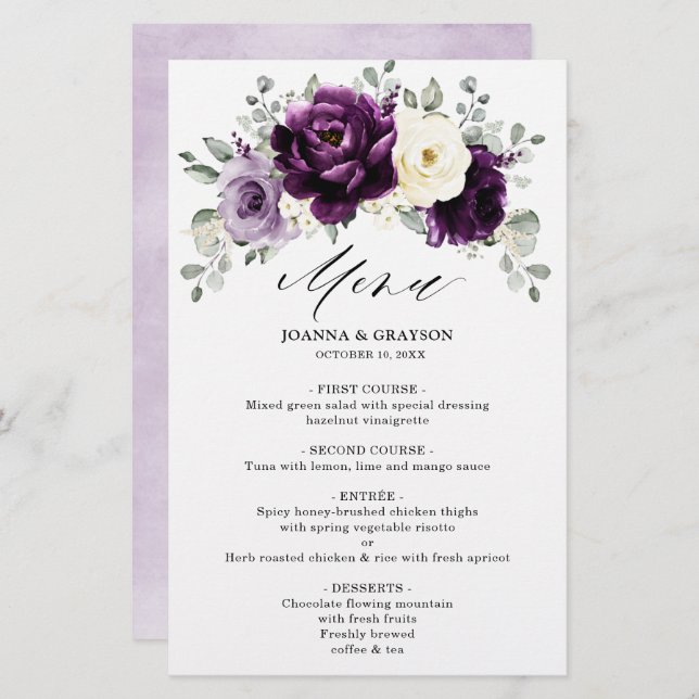 Eggplant Purple Plum Ivory Floral Wedding Menu (Front/Back)