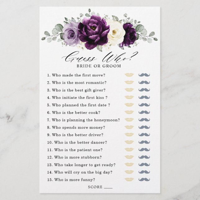 Eggplant Purple Plum Ivory Whit Bridal Shower Game (Front)