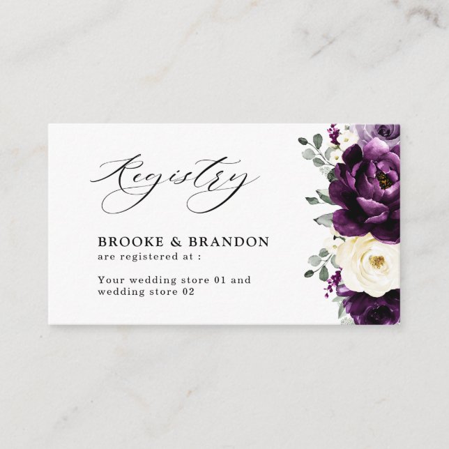 Eggplant Purple Plum Ivory White Floral Registry Enclosure Card (Front)
