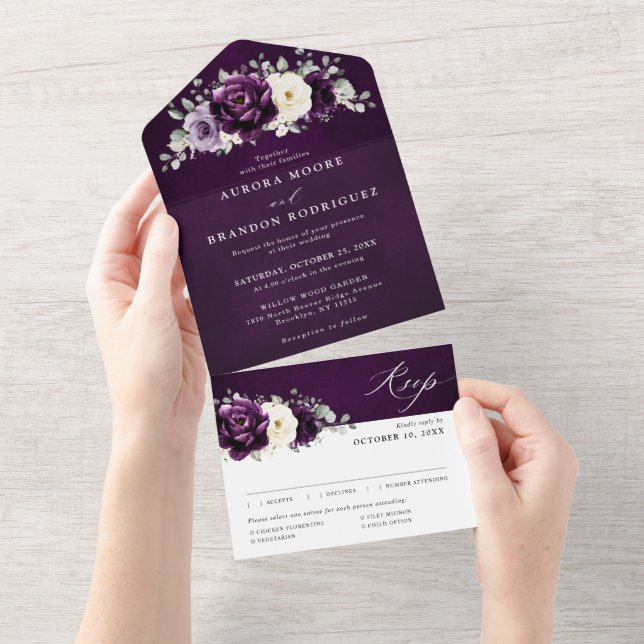 Eggplant Purple Plum Ivory White Floral Wedding Al All In One Invitation (Tearaway)