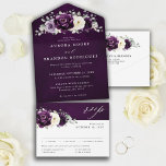 Eggplant Purple Plum Ivory White Floral Wedding Al All In One Invitation<br><div class="desc">Elegant floral midsummer wedding invitation features a bouquet of watercolor roses peonies in shades of purple plum, champagne ivory floral and sage , lush green botanical eucalyptus leaves. Please find more matching designs and variations from my "blissweddingpaperie" store. And feel free to contact me for further customization or matching items....</div>