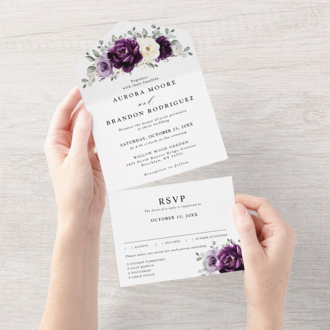 Eggplant Purple Plum Ivory White Floral Wedding Al All In One Invitation (Tearaway)