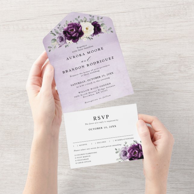 Eggplant Purple Plum Ivory White Floral Wedding Al All In One Invitation (Tearaway)