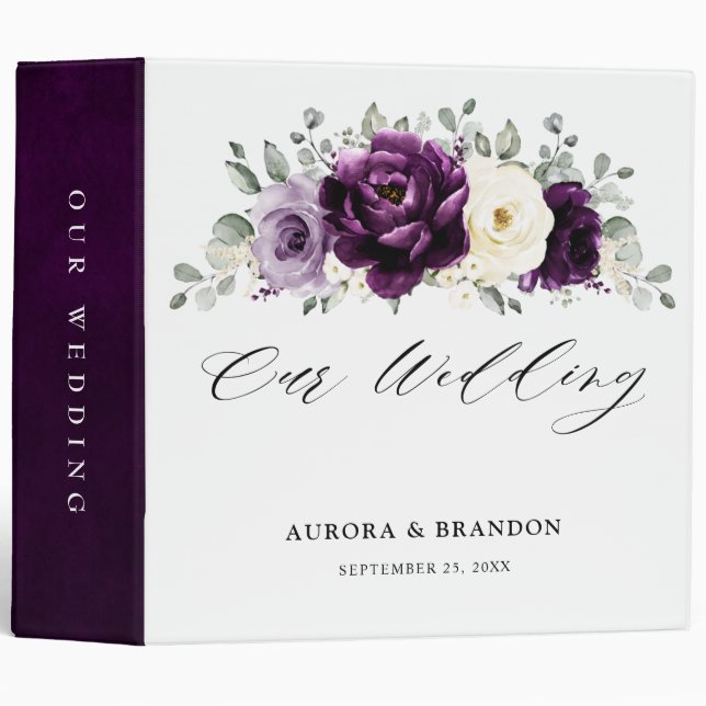 Eggplant Purple Plum Ivory White Floral Wedding Binder (Front/Spine)